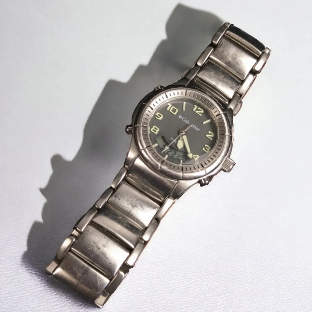 Vintage Columbia stainless steel quartz watch, analog digital, date, alarm, 50m